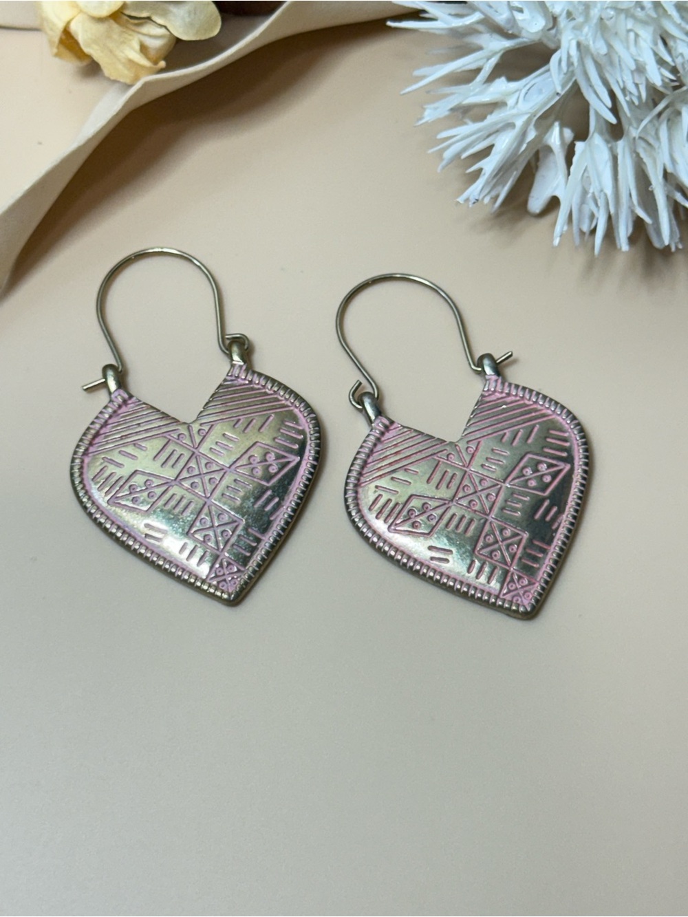 Gold Tone Pink Geometric Heart Dangle Earrings